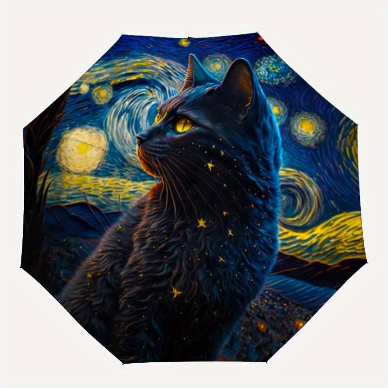 Starry Night Cat Umbrella - Automatic Folding, 8-Rib Durable Design, Vibrant Cosmic Art Print, Perfect Holiday Gift, Holiday G