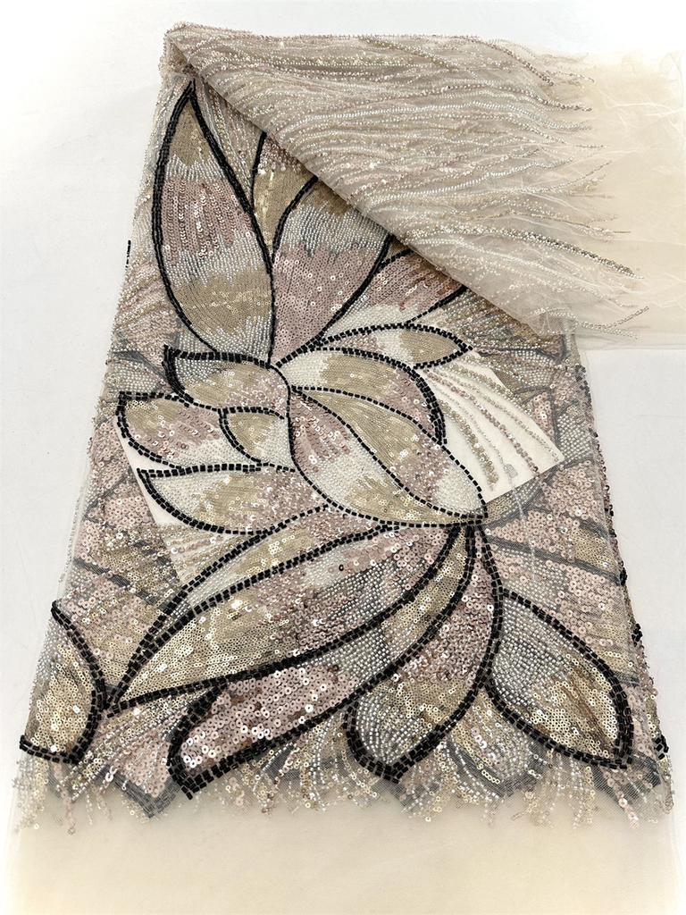 Latest African Beaded Lace Net Fabric 3 Yards 2025 High Quality Nigerian Wedding Material Luxury Sequins Beads Fabric for Sewing