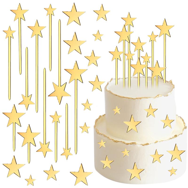 24Pcs Acrylic Gold Star Cake Toppers for Kids Birthday Party Cake DIY Decoration Wedding Christmas Cake Decorating Tools Kit