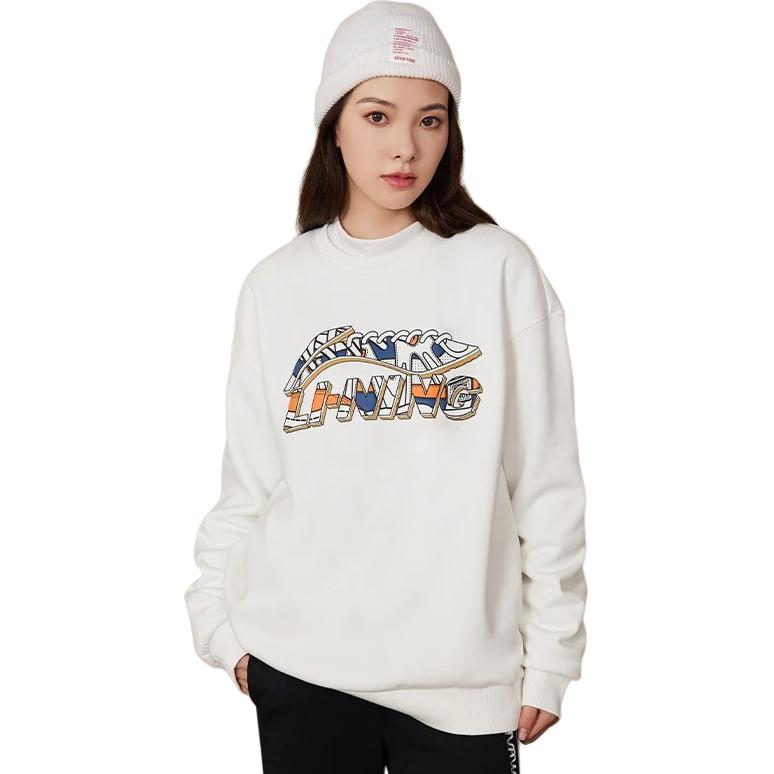 Li Ning Sports Lifestyle Series Fashionable Solid Color Logo Letter Print Fleece Loose Round Neck Sweatshirt Unisex Sweatshirt White AWDRG40-1