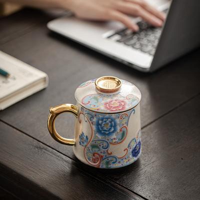 High-grade Filigree Silver Bai Chuan Cup Enamel Colored Retro Ceramic Tea Separation Filter Office Cup with Cover