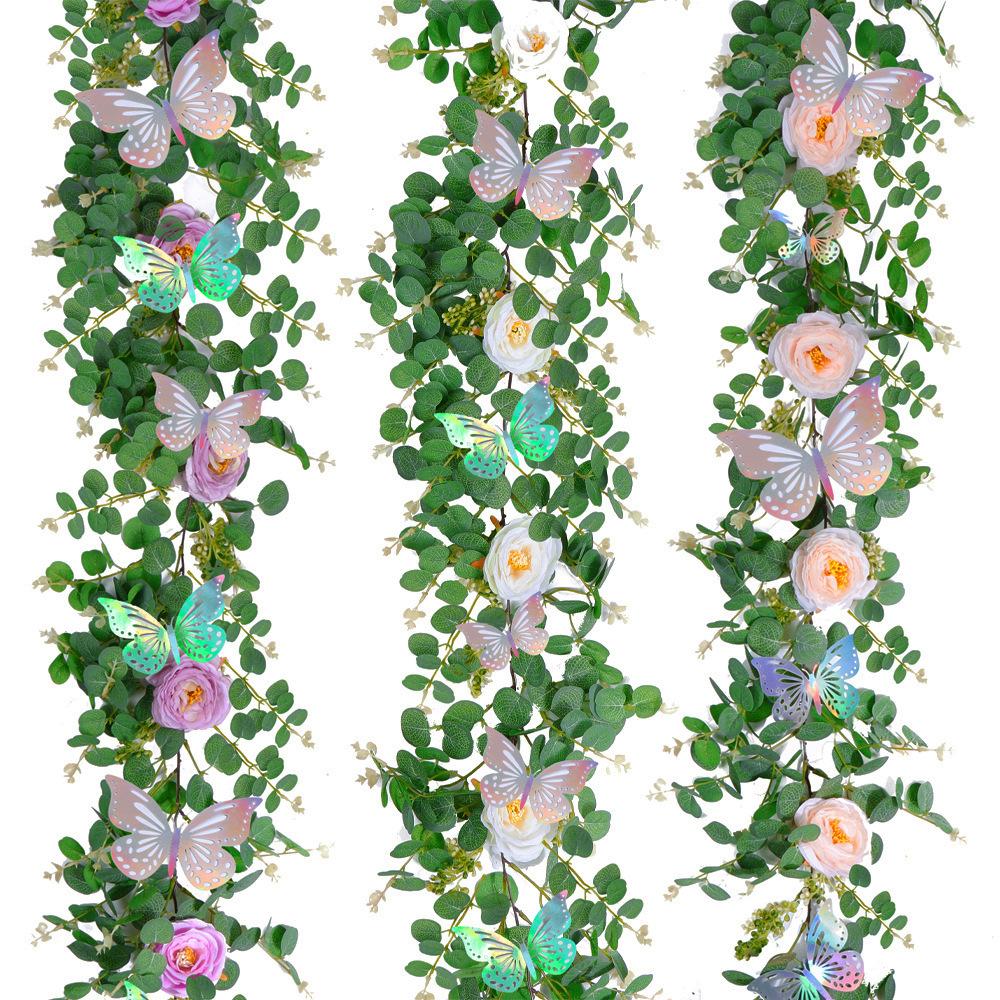 1 PC Simulation 70.8-inch (approx. 183 cm) Eucalyptus Tree Laser Butterfly Design with Multicolored Rose Vines