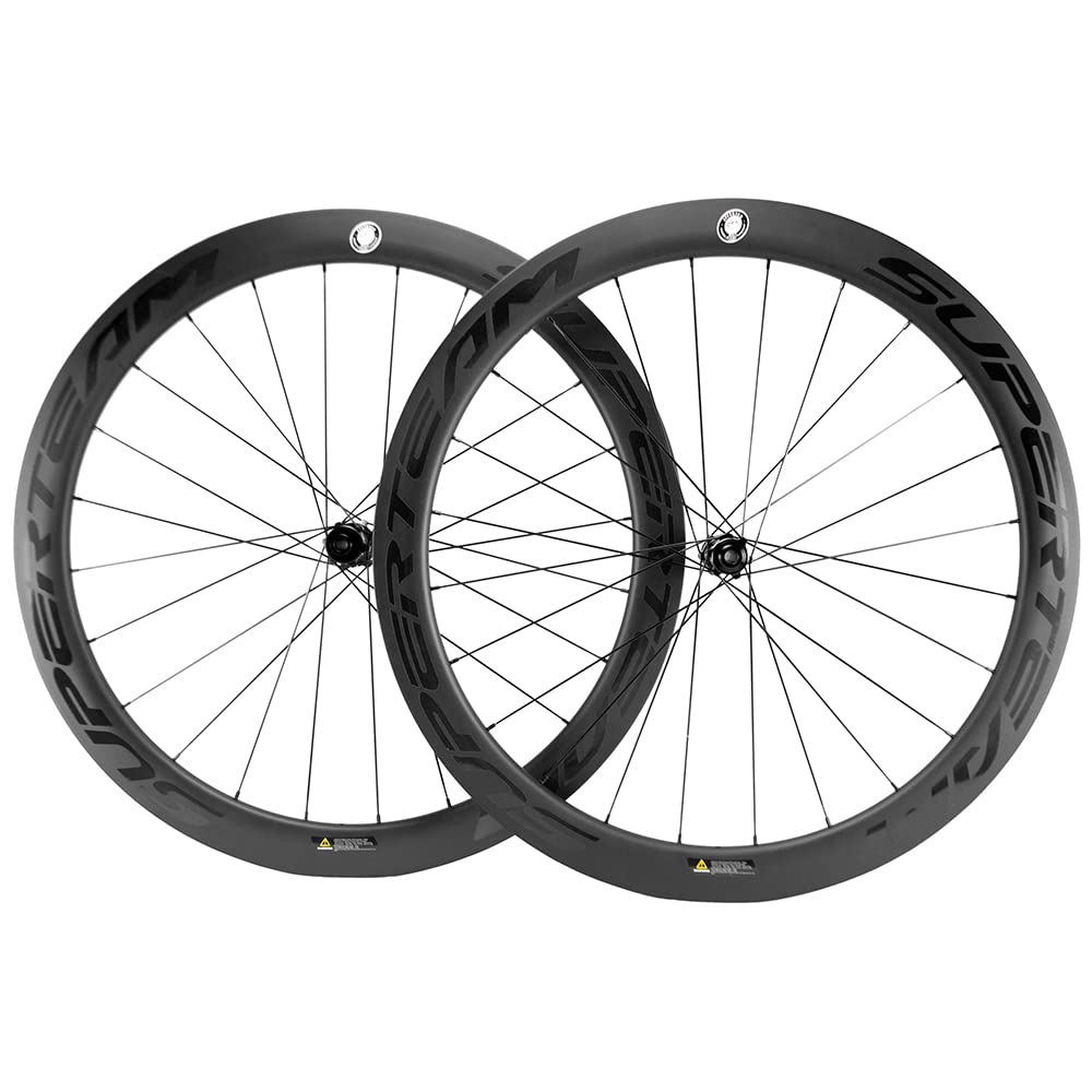 SUPERTEAM Carbon Clincher Wheels 700C Disc Brake Bike Wheel Set and Center Lock Thru Axle 50C-25 (White Red, 12100-12142)