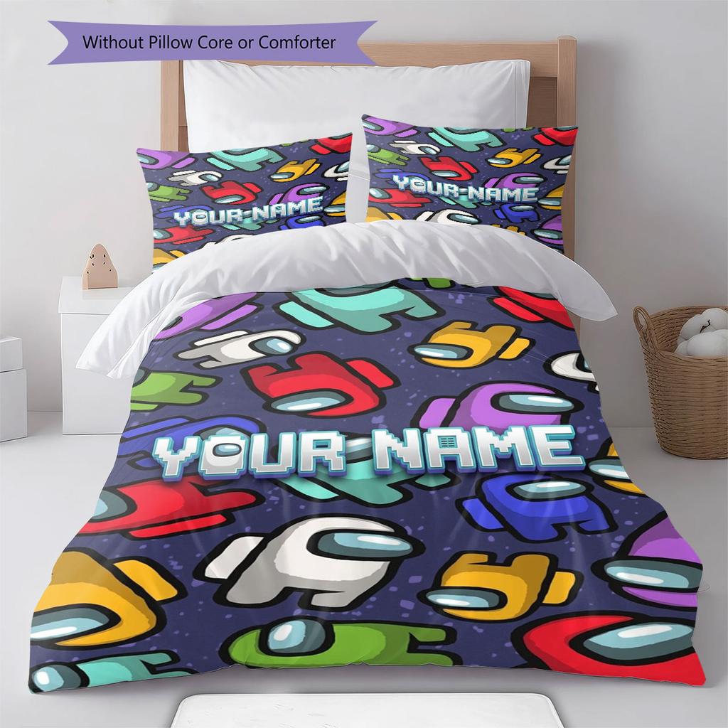 Among Us Custom Name Pattern Bedding,Quilt Set Quilt Cover Pillowcase Home Birthday Gift(1 * Duvet Cover + 2 * Pillowcase, Without Core)