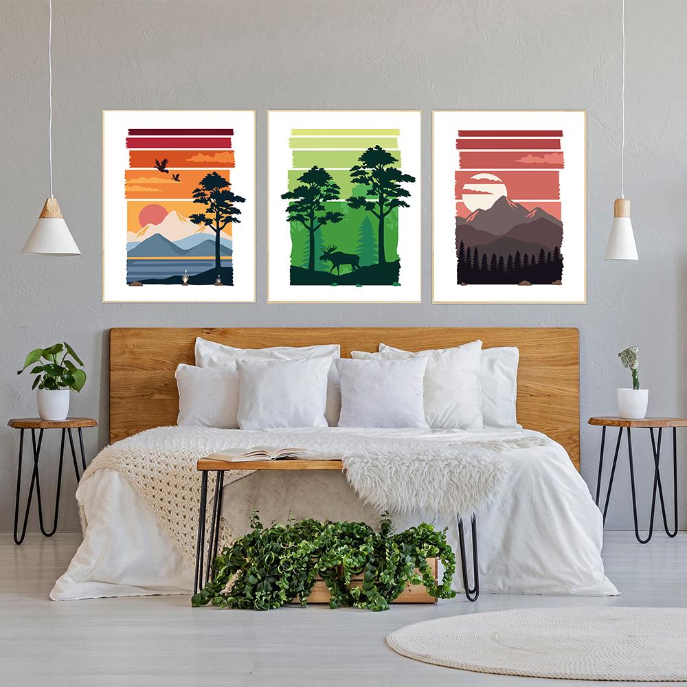 Landscape Wall Art Posters Natural Mountain Trees Sunset Canvas Painting Prints Nordic Wall Pictures for Living Room Decoration