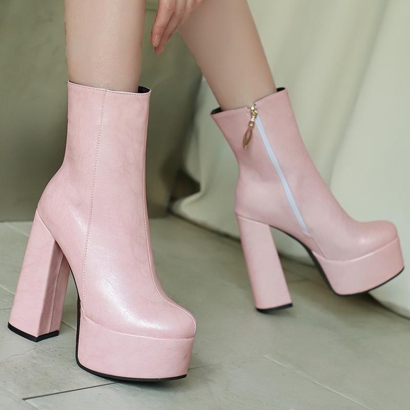 Platform Women's Ankle Boots New 2025 Autumn Winter Shoes Block Heels Short Boot Black Pink Silver Footwear Shoes Large Size 46