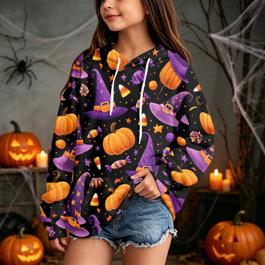 Children's Casual Hoodie with Halloween Print Pullover for Holiday Parties
