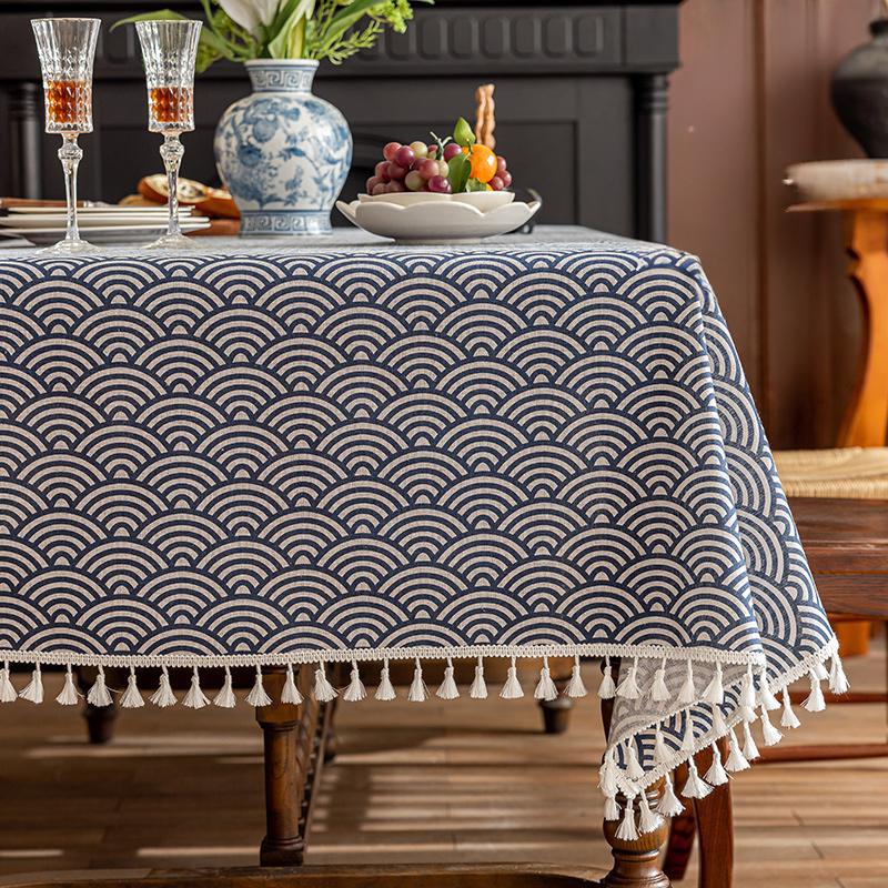 Blumengedruckte Tischdecke mit Quasten Baumwolle Leinen Tischdecke Natürlich Atmungsaktiv und Bequem nappe de table Luxus 152x152cm1pc