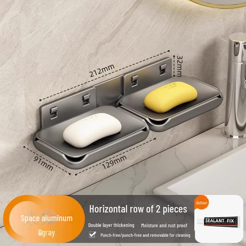 Punch-Free Wall-Mounted Soap Rack, Space-Saving Aluminum with Dual Drain Design