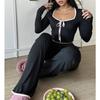 Spring autumn Women Cardigan Sleepwear solid bow Trim Pajamas Set casual sexy crop Tops and Long Trousers Loungewear Nightwear