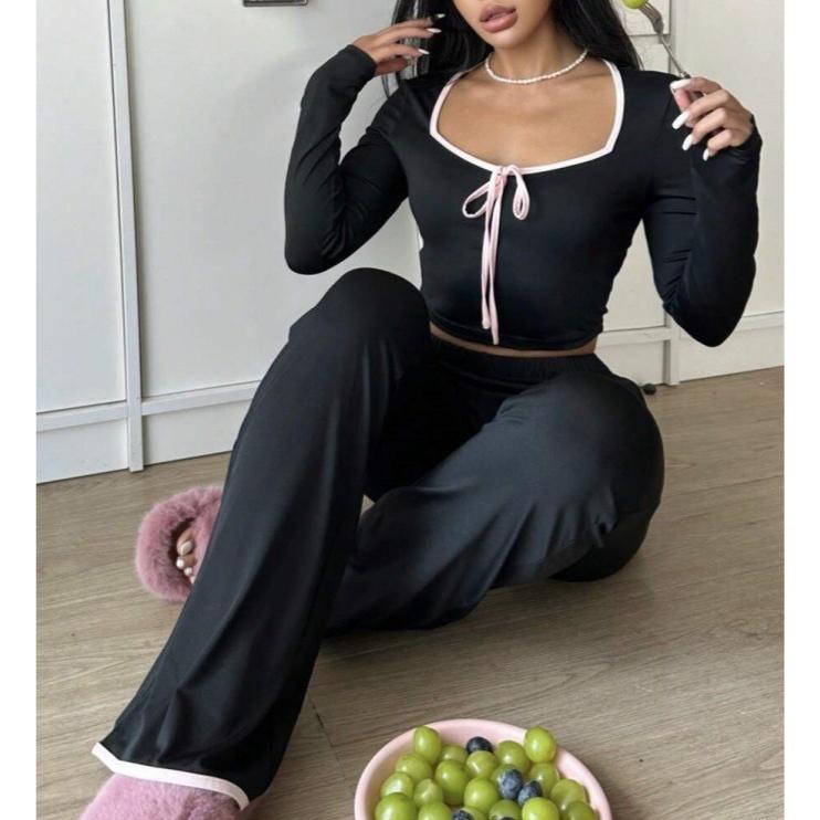 Spring autumn Women Cardigan Sleepwear solid bow Trim Pajamas Set casual sexy crop Tops and Long Trousers Loungewear Nightwear