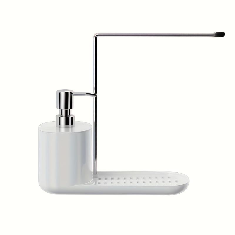 1pc 2-in-1 Compact Kitchen Organizer with Manual Soap Dispenser and Stainless Steel Cloth Holder - Sleek White Countertop Storage Solution