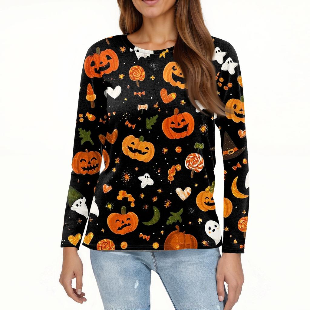 Women's Fashion Hem Slit Casual Halloween Printed Round Neck Long Sleeve Top