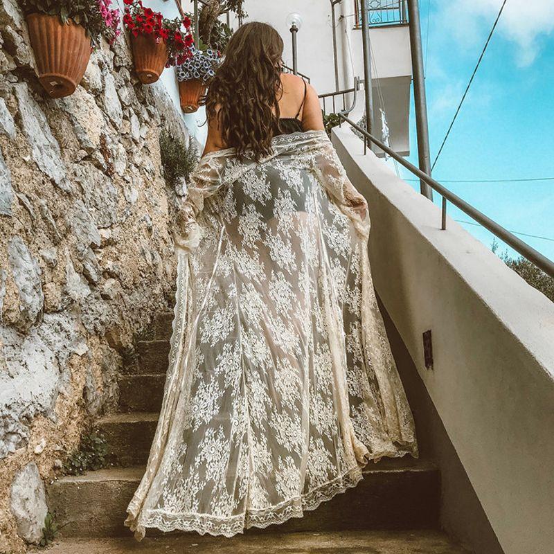 

Модный стиль Кружево Ажурный Завязка Кружево Защита от солнца Верхняя одежда Пляжный Длинный Отпуск Кардиган Верхняя одежда Бикини Блузка White One size