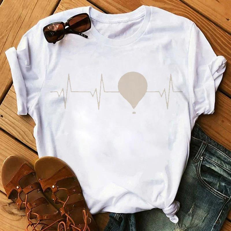 Cartoon Colored Hot Air Balloon Tshirt Womens Summer Round Neck Comfortable Top for Girls Anime Streetwear