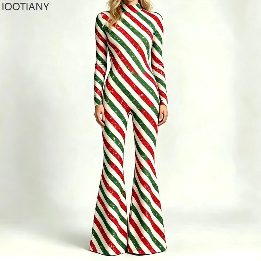 Women Christmas Flare Jumpsuit Candy Cane Snowflake Pattern Bell Bottom Skull Bodysuit Halloween Xmas Clubwear Party Costume