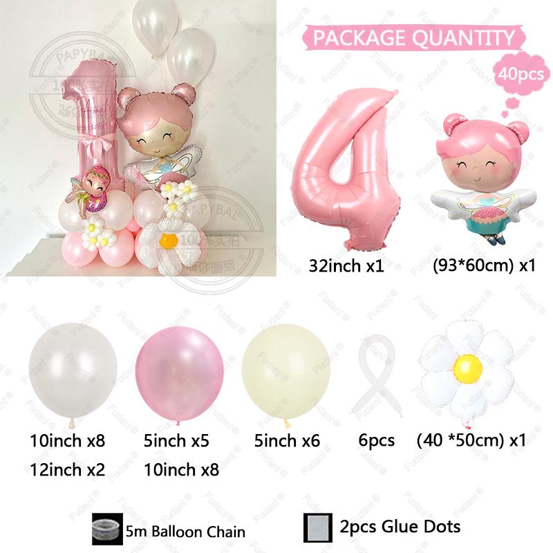 40pcs Cartoon Flower Fairy 32Inch Pink Aluminum Model Digital Balloon Column Birthday Party Decoration Wedding Supplies