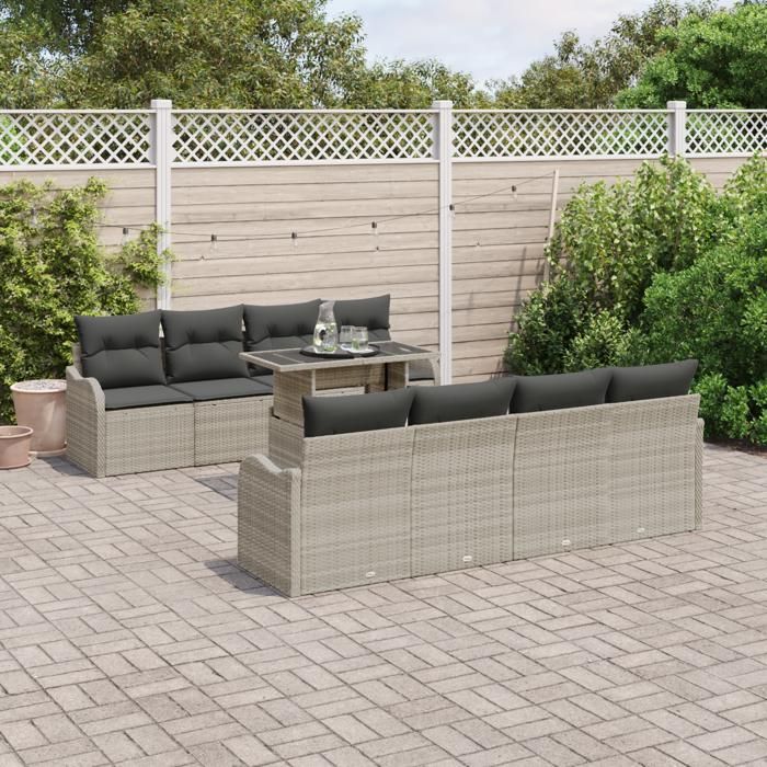 Ensemble de canapé de jardin 9 pièces avec coussins en poly rotin gris clair, Canapé de jardin deux places avec coussins 3348428