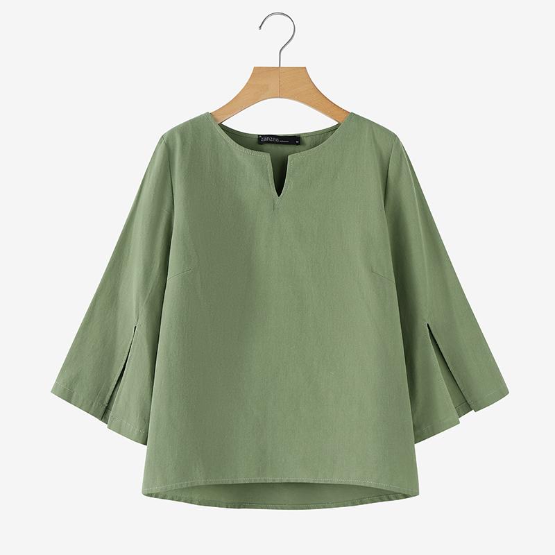ZANZEA Women Casual V-neck Solid Color Loose 3/4 Sleeve Cotton Blouse