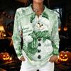 Women's Casual Christmas Print Button Down Long Sleeve Collared Blouse Top with Side Slits