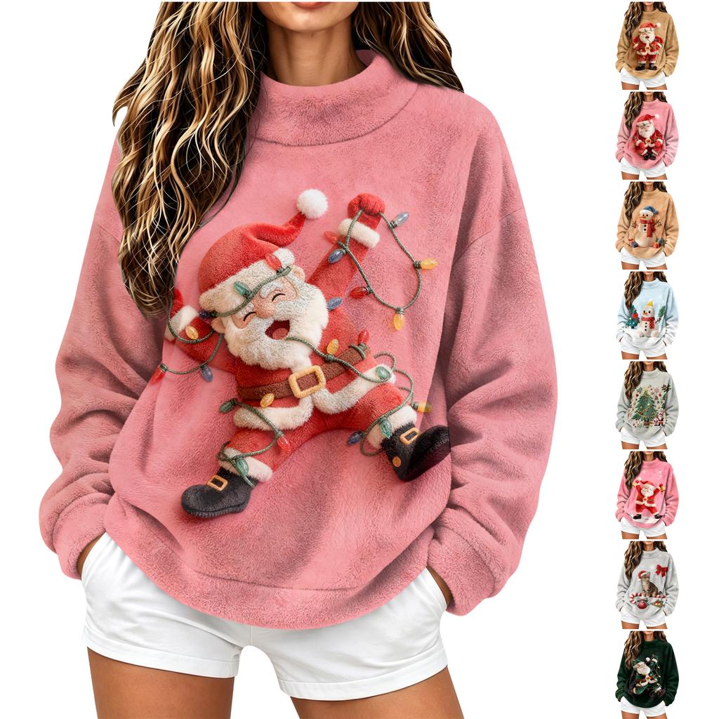 Women's Casual Long Sleeve Turtleneck Sweatshirt, Christmas Print Flannel Pullover Top
