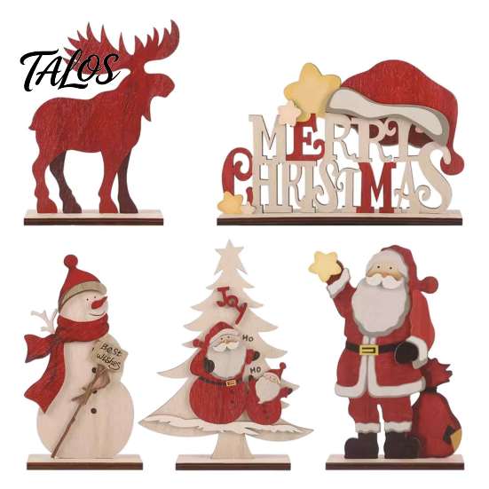 Christmas Window Display Decor Nordic Ornaments, Wood Reindeer Santa Claus Snowman Figurine, Retro Ornaments Rustic Desktop Decoration for Holiday