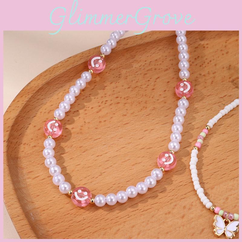 Glass Bead Geometric Necklace With Butterfly Pendant For Women