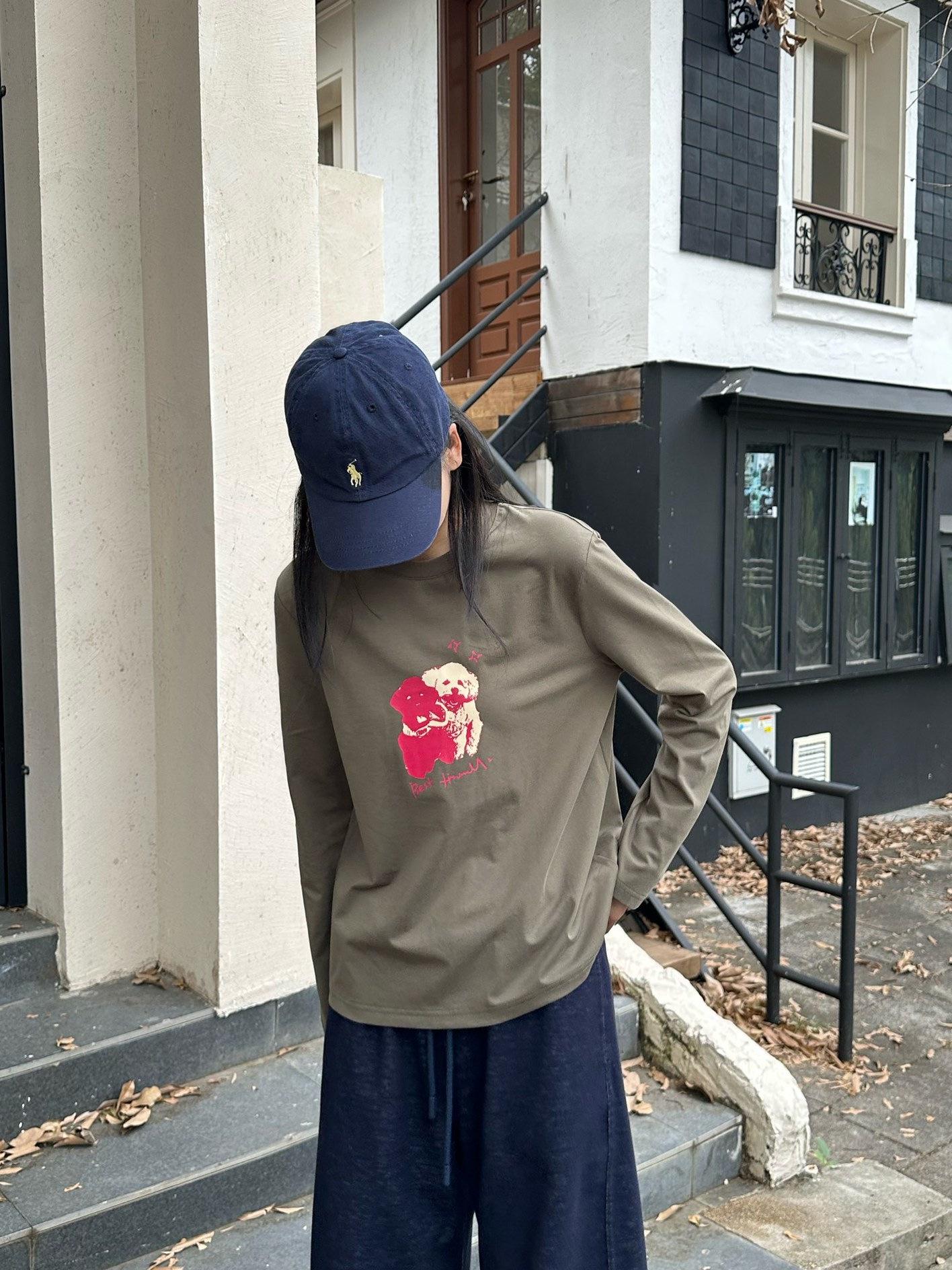 

Vintage Army Green Dog Print Women s Long Sleeve T-shirt, Round Neck Autumn Top Extra Large армия зеленый