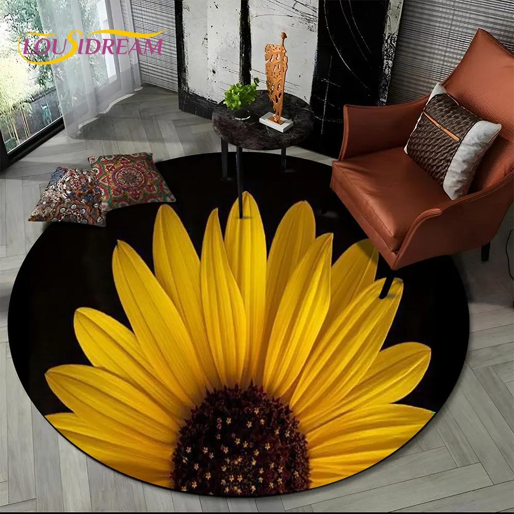 3D Daisy Nordic Flower Sunflower Round Area Rug,Carpet for Living Room Children's Bedroom Sofa Playroom Decor,Non-slip Floor Mat