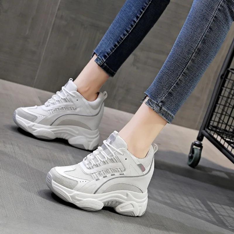 Fashion 2025 Platform Wedge Sneakers Chunky Shoes Dad Genuine Leather 9cm Heel Increased Height Vulcanized Shoes Boots