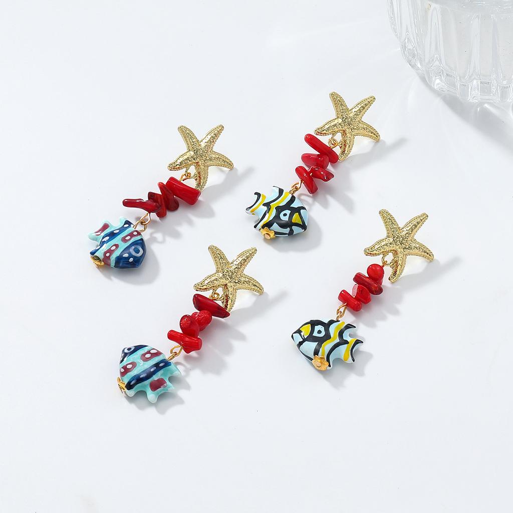 2025 Colorful Ceramic Fish Drop Glaze Earrings for Women Starfish Stone Beaded Earrings  Beach Style Summer Jewelry Accessory