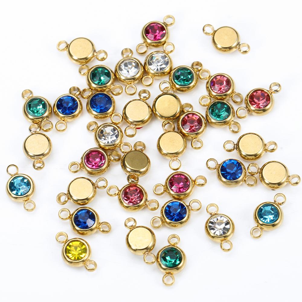 10pcs 6mm Stainless Steel Crystal Rhinestone Beads Gold Color Birthstones Charms Pendants for Bracelet Jewelry Making Crafts DIY