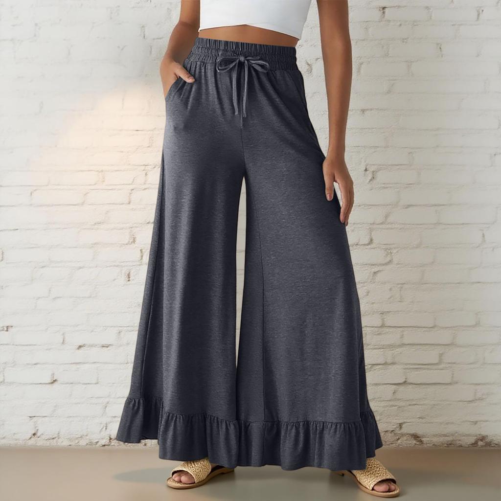 Women’s Casual Loose Fit Drawstring Elastic Waist Wide Leg Pants with Ruffle Hem and Relaxed Flowy Silhouette for Everyday Wear