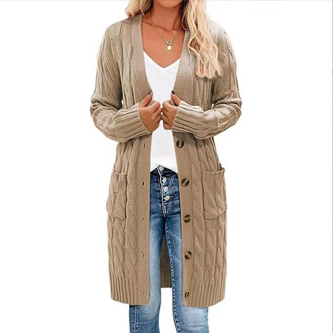 Autumn and winter new knitted long twist sweater women's solid color button-in-bag cardigan jacket