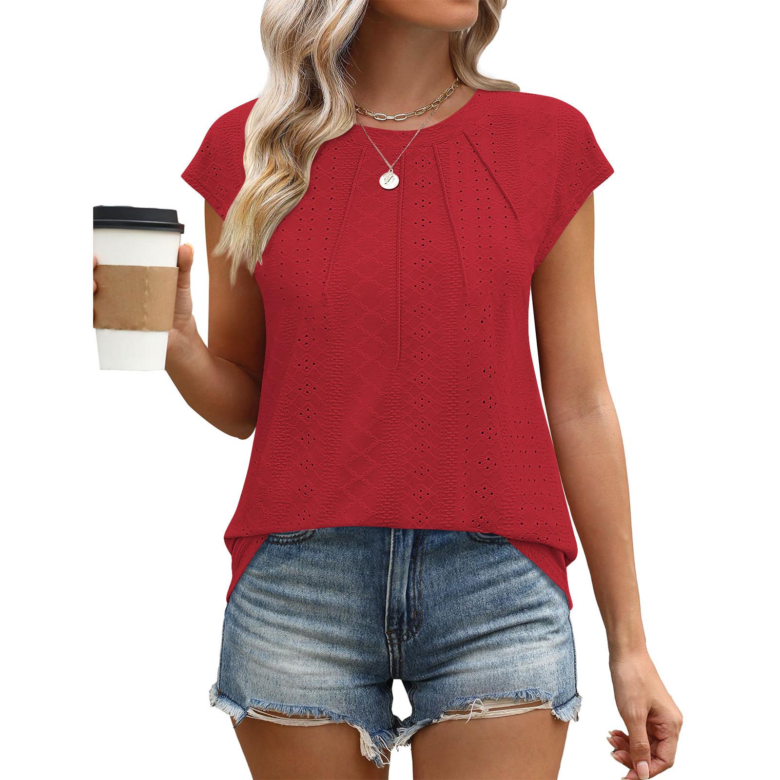 Women s New Arrival Fashionable Oversized Neck Eyelet Lace-Up Color T-Shirt Casual Short Sleeve Top S красный