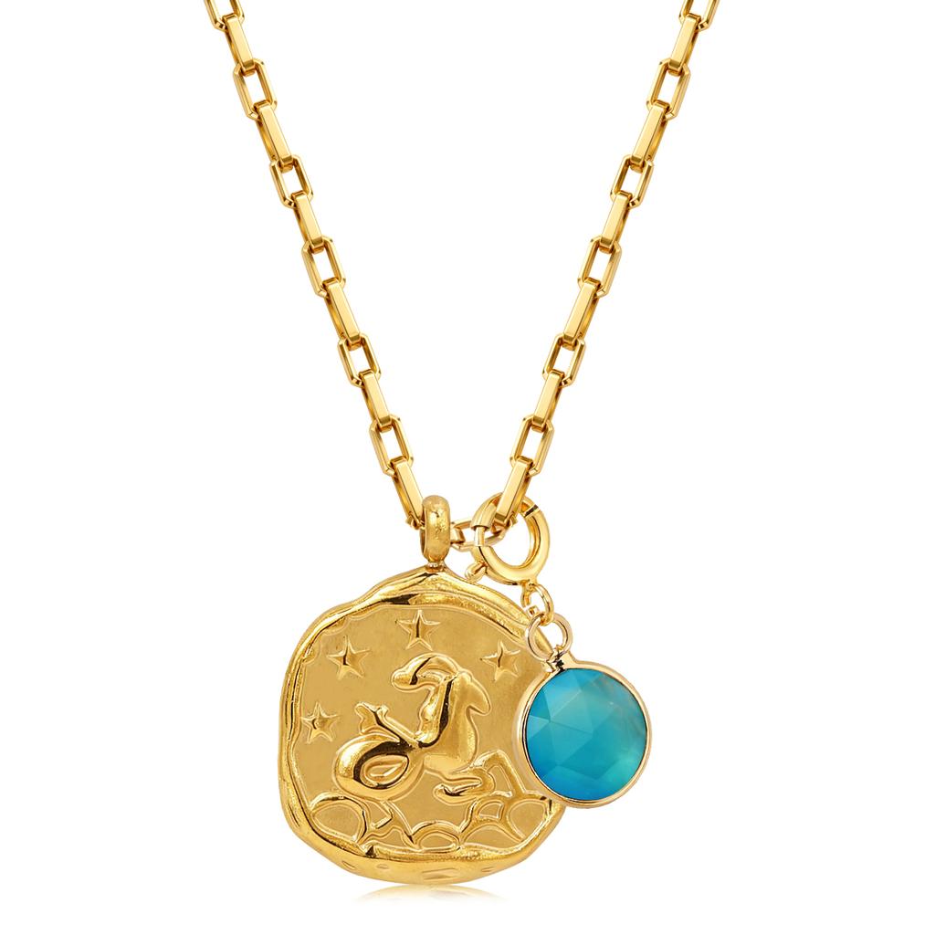 12 Zodiac Stainless Steel Women's Necklace Birthstone Zodiac Round Pendant Necklace Sweater Chain Amulet Color Christmas Gift