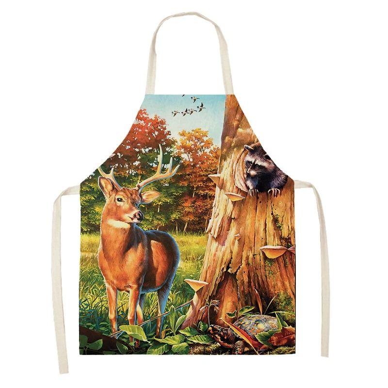 Natural Landscape Elk Pattern Apron Adult Sleeveless Kitchen Cleaning Home Chef Baking Waist Bib