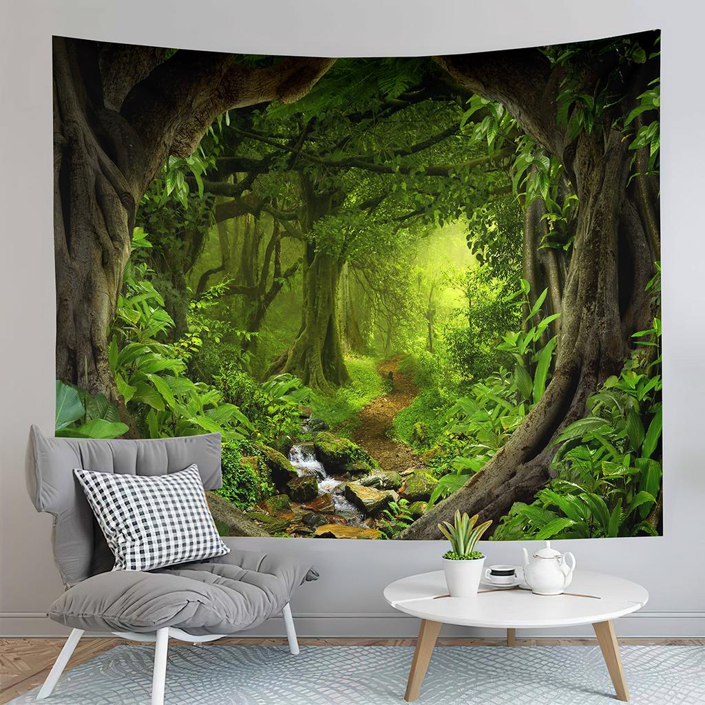 Jungle Tapestry Primeval Rainforest Foliage Greenery Wooden Pathway Tapestry Art Home Living Room Bedroom Decor Tapestries