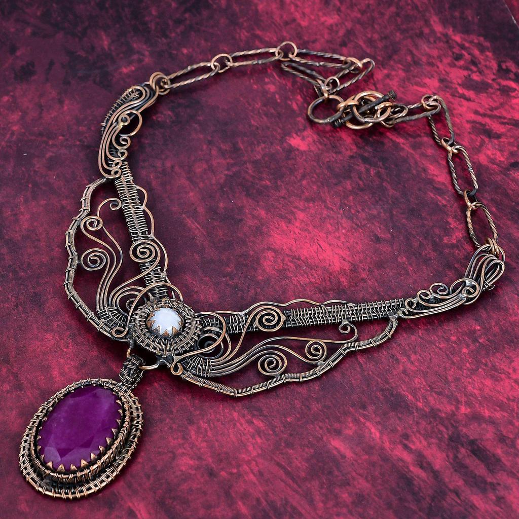 Faceted Kashmir Ruby Necklace Copper Wire Wrapped Adjustable Necklace Gemstone Handmade Jewelry