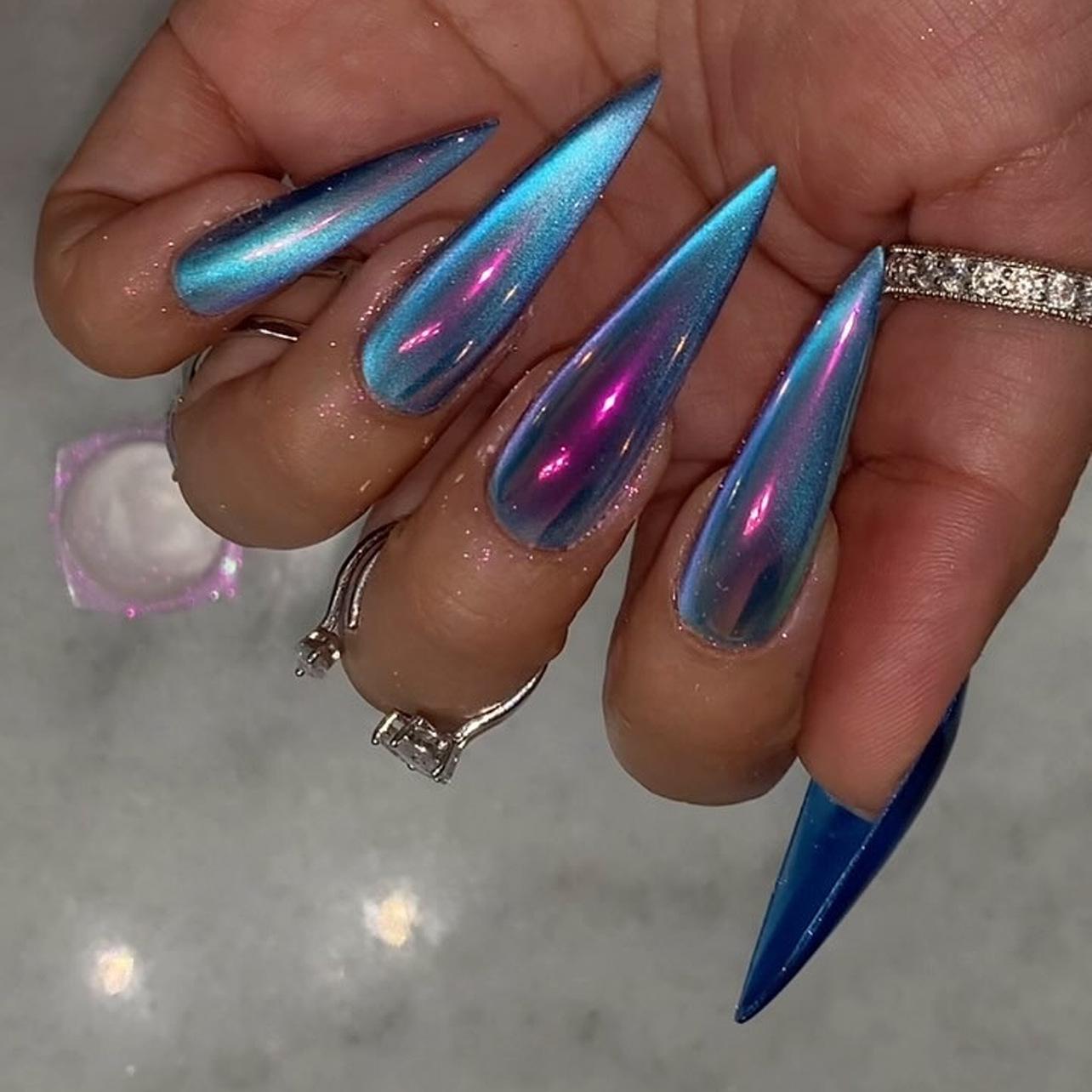 

Blue Cat Eye Long Pointed Fake Nails - Nail Art Tips