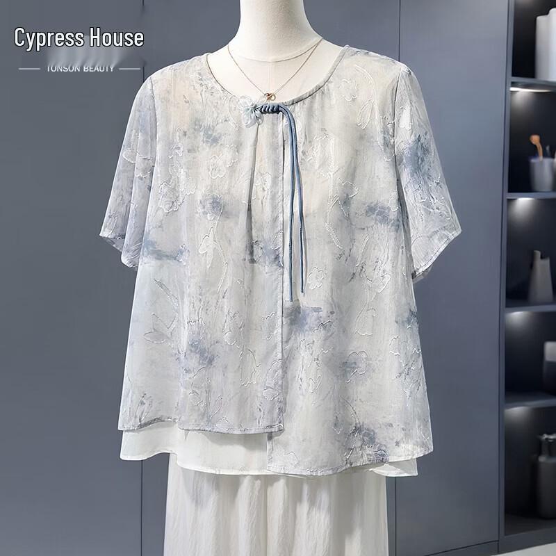 Women s Jacquard Round Neck Short Sleeve Blouse 2XL