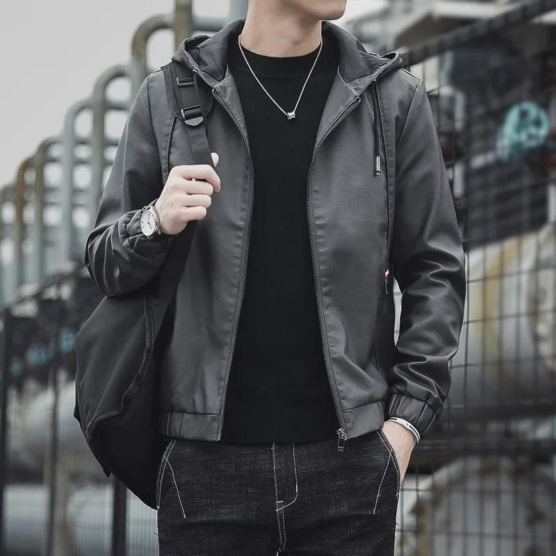 Men's Hooded Leather Jacket: New Korean Style, Velvet Finish for Spring/Autumn, Trendy Casual Motorcycle & Workwear Jacket