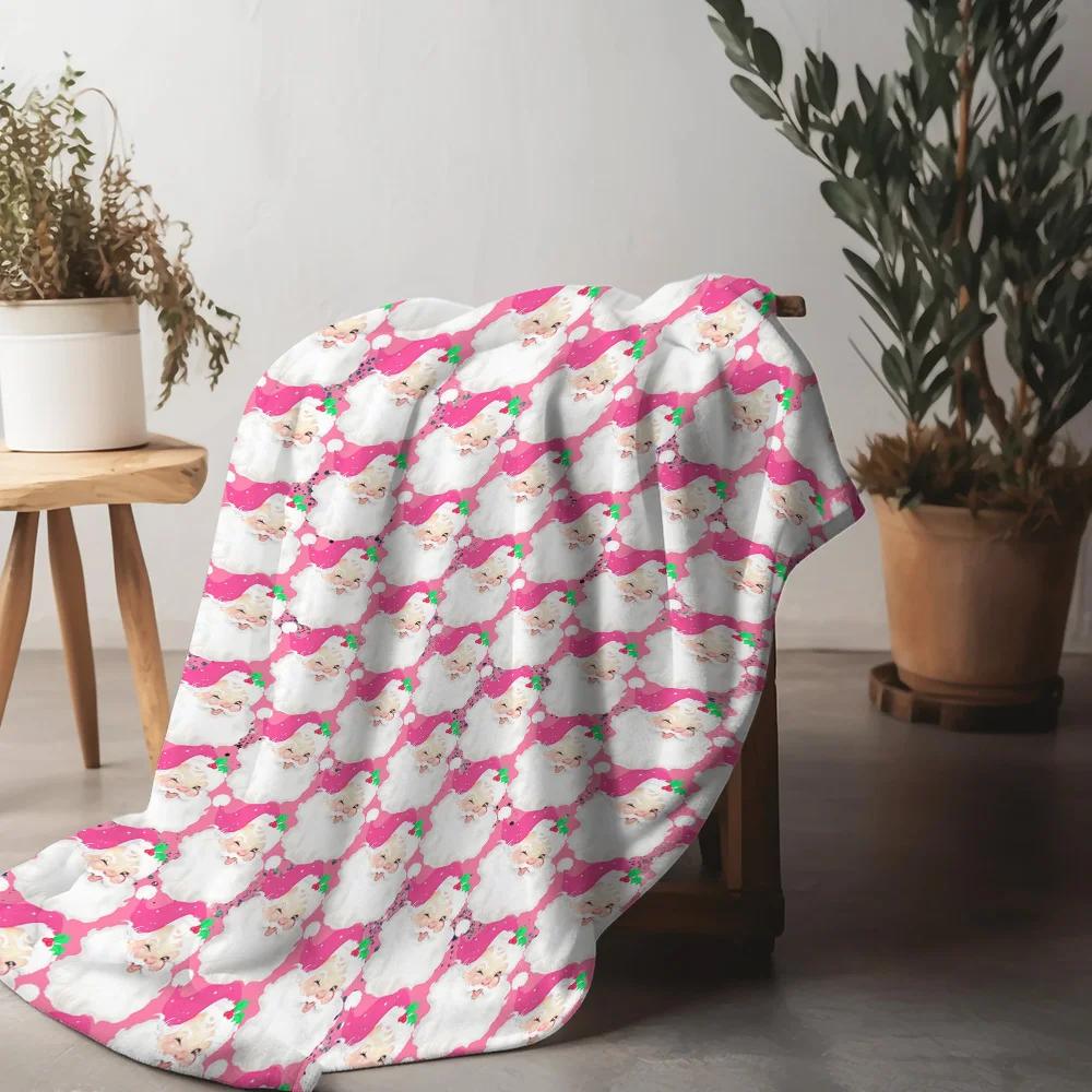 Pink Santa Fleece Blanket, Cute Christmas Pattern with Green Hat Design, Soft Plush Throw for Festive Sofa and Home Decor