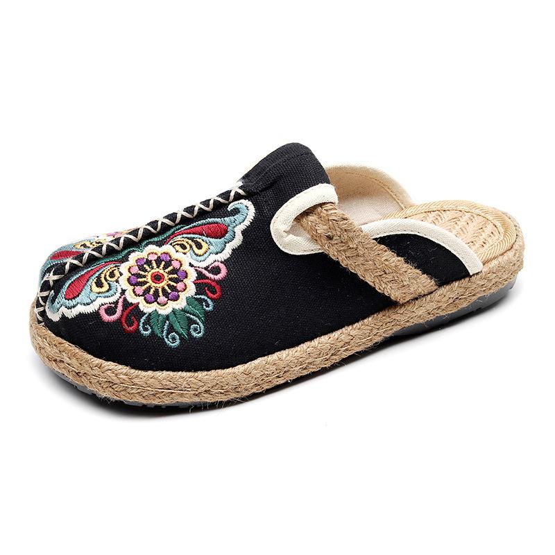 

Spring and summer women s embroidered cloth shoes Flat-soled shallow-cut ethnic-style linen slippers 35 чёрный