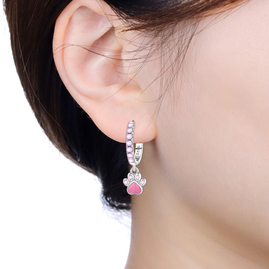 Original 925 Silver Zircon Pink Paw Print Earrings Heart Flower Leaf Design Women Party Jewelry Gift Ear Loops