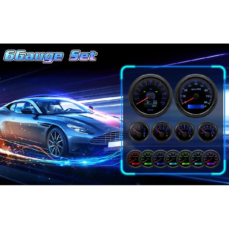 Black 85mm GPS Speedometer 80MPH Waterproof 6 Gauge Kit Fit Car Boat Marine Gasolines Vehicle Tachometer Water Temp Fuel Gauges