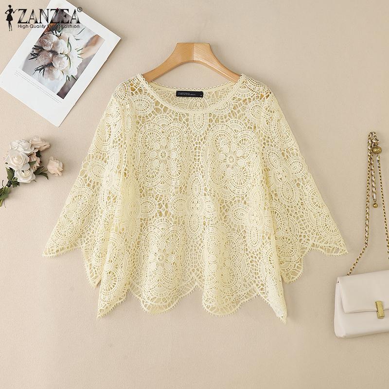 ZANZEA Women Summer Casual 3/4 Sleeve Loose Hollow Out Lace Crochet Blouse