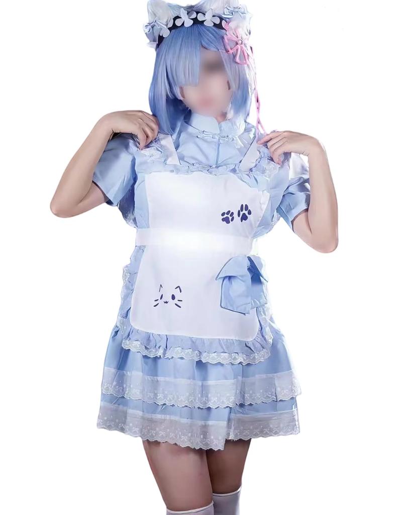QOOLY Cosplay Maid Dress, Lolita Costume, Short Sleeves, Uniform, Light Blue, Size L