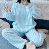 Pigiama da Donna Carino Cartone Animato Girocollo in Flanella - Caldo Set Homewear in Pile Corallo a Strisce per Autunno e Inverno