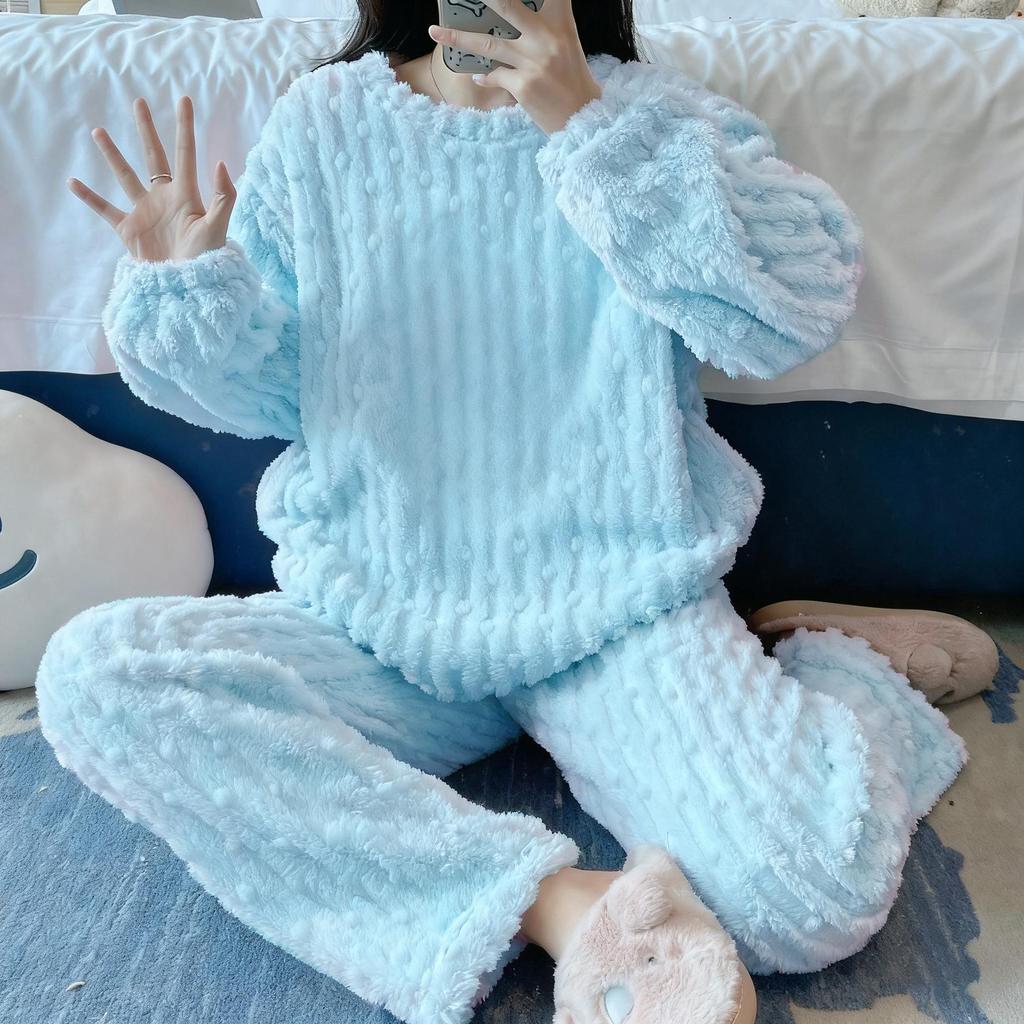 Pigiama da Donna Carino Cartone Animato Girocollo in Flanella - Caldo Set Homewear in Pile Corallo a Strisce per Autunno e Inverno